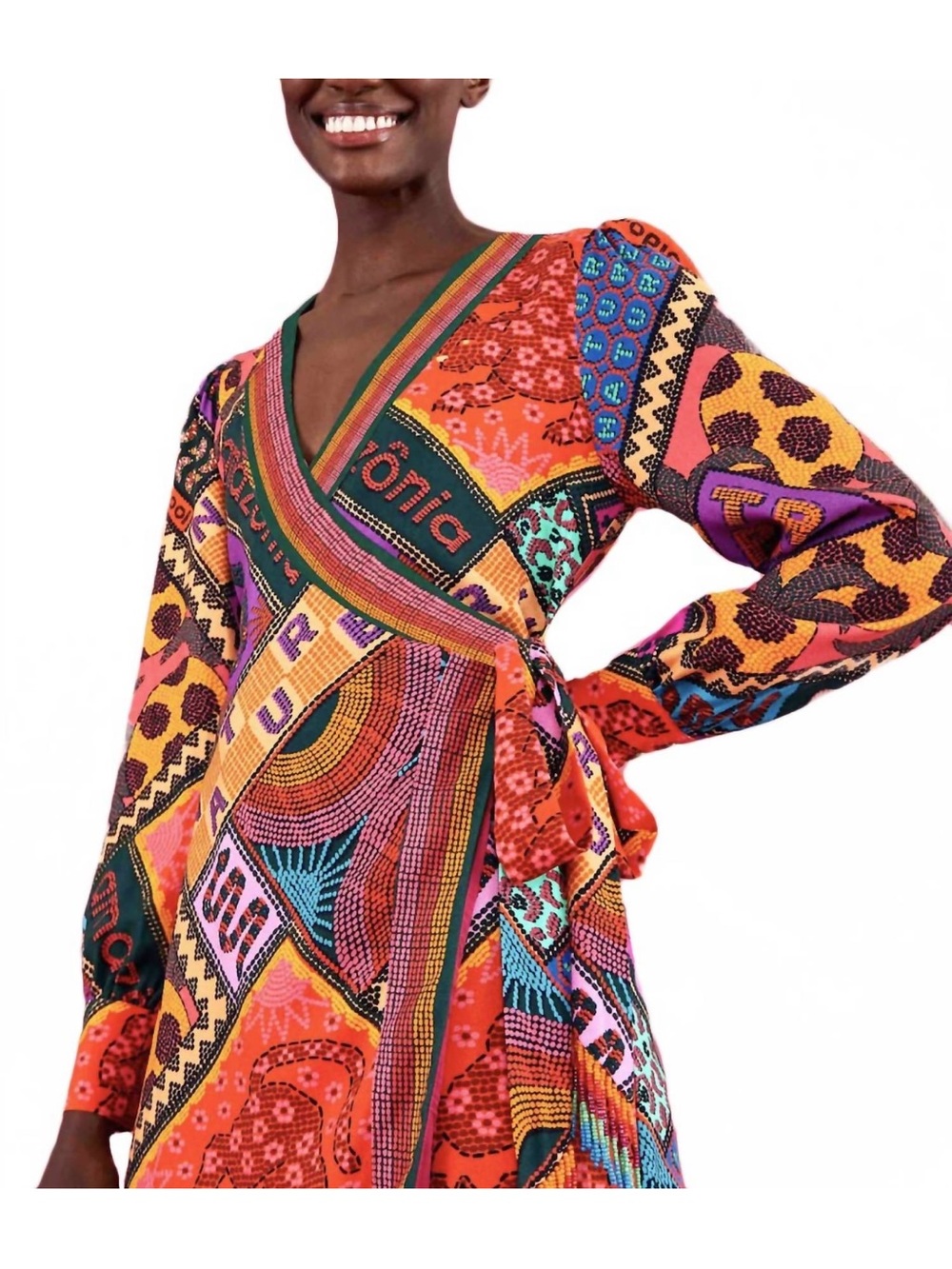 FARM Rio Patch Scarf Wrap Dress Colorful Beaded Tassel Boho Tropical Dress SZ M - Picture 2 of 6